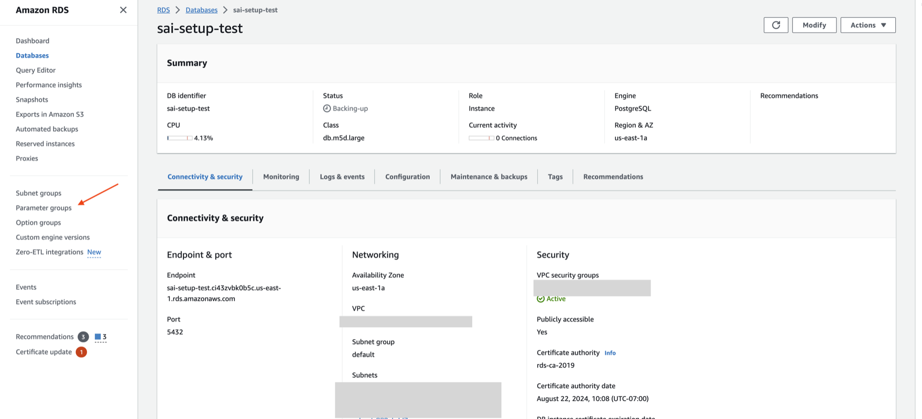 Где находятся группы параметров в RDS?