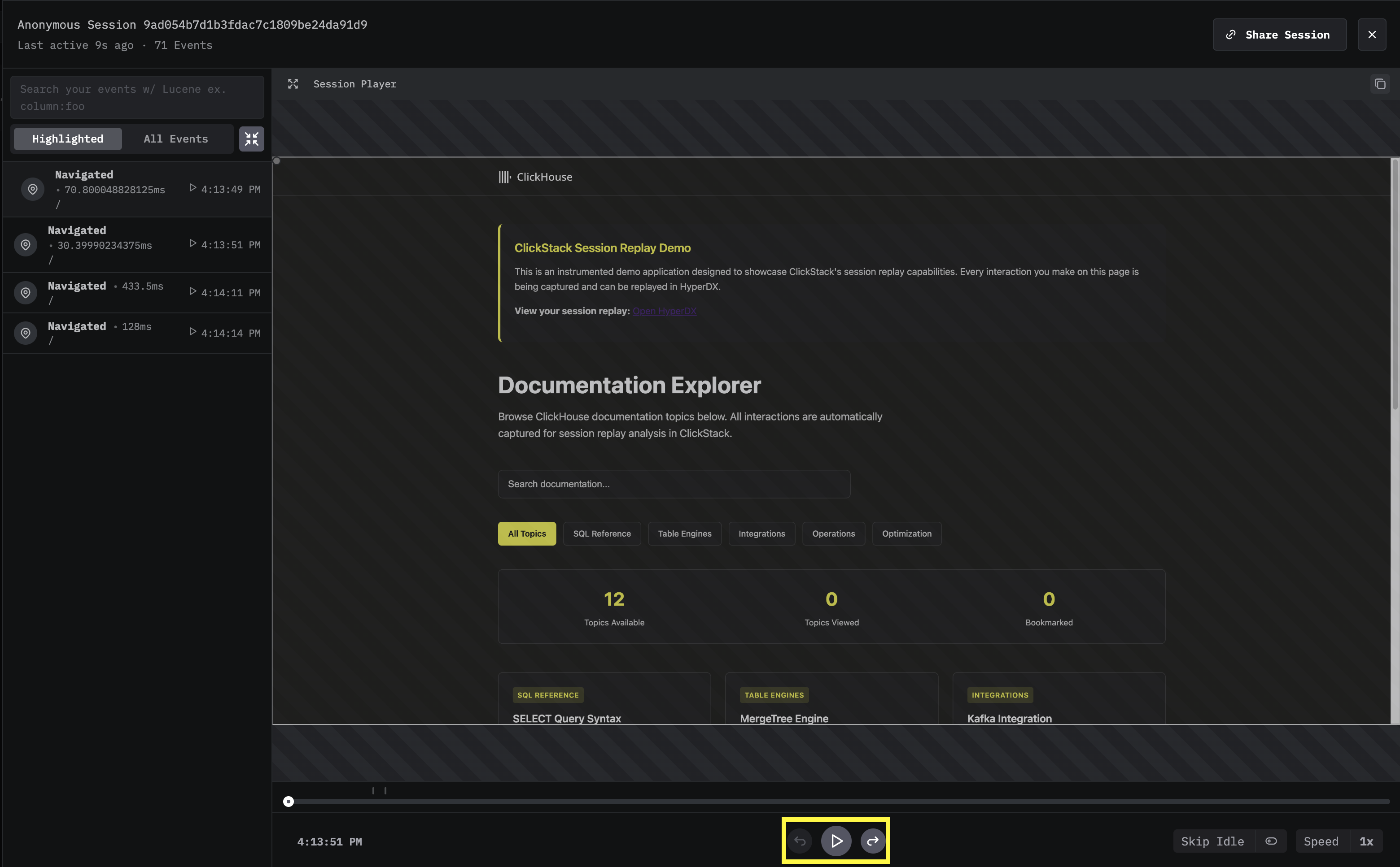 Воспроизведение реплея сессии